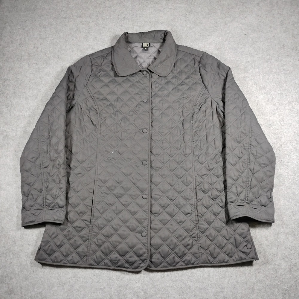 Gump's San Francisco Quilted Jacket Women XL Gray Diamond Padded Button Up Coat